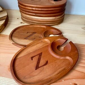 Monogrammed Charcuterie Wood Appetizer Board Plate w/Wine Glass Holder